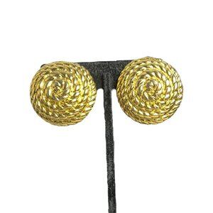 Vintage Swirl Medallian Clip On Statement Earrings Gold Tone Gaudy Retro Conch